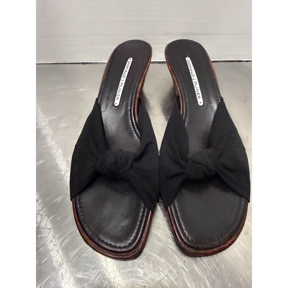 Donald J. Pliner Women's Black Knot Slide Sandals Wood Heel Size 7.5 Narrow